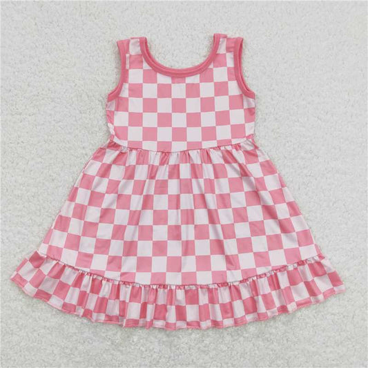 GSD0659  Baby Girls Sleeveless Pink Checkered Ruffle Dresses