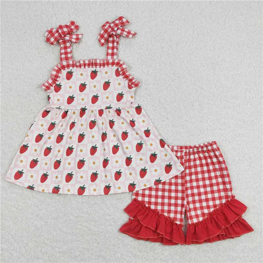 Baby Girls Strawberry Straps Tunic Ruffle Shorts Clothes Sets
