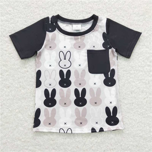 BT0589 Baby Boys Easter Black Rabbits Pocket Short Sleeve Tee Shirts Tops