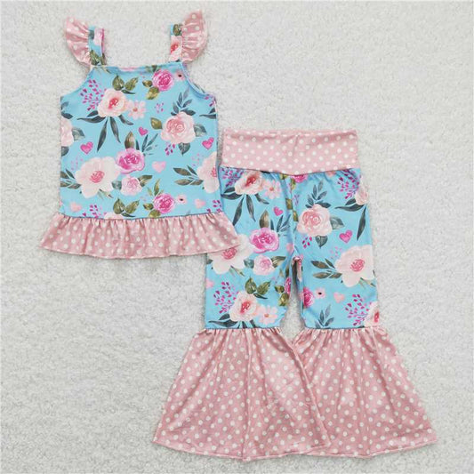 GSPO1163 Heart flower polka dot pink lace blue top and pants set