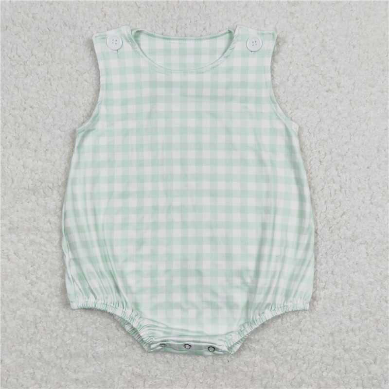 SR0892 Baby Boys Easter Green Checkered Sleeveless Rompers