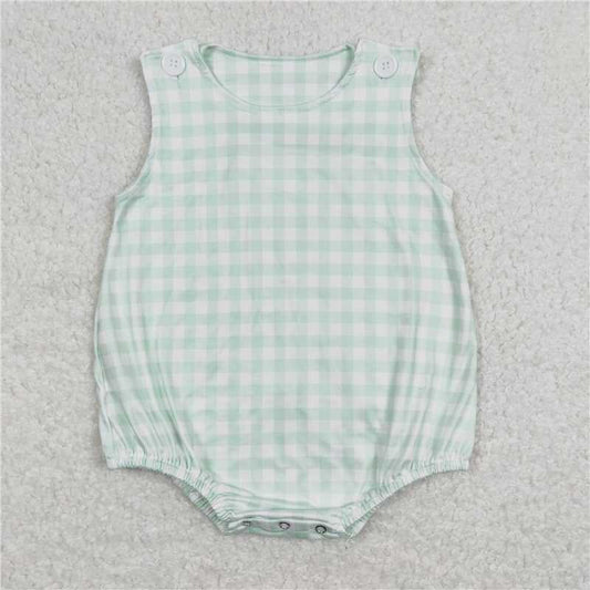 SR0892 Baby Boys Easter Green Checkered Sleeveless Rompers