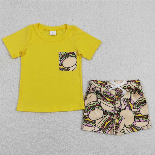 BSSO0547 Yellow pocket top hamburger shorts boys summer clothes