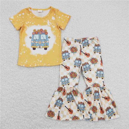 GSPO1369 Flower bus guitar yellow short-sleeved plaid trousers suit