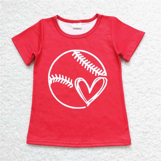 GT0430 Baby Girls Baseball Heart Red Short Sleeve T-shirt