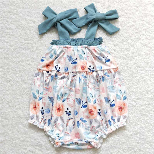 SR0907  RTS NO MOQ Baby Girls Summer Rompers Baby Infant Girls Dark Blue Flowers Straps Rompers