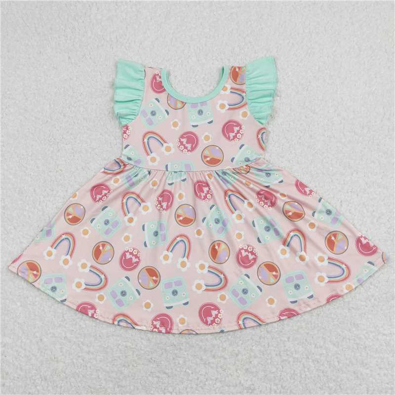 GSD0717  Flutter sleeves rainbow camping baby girls twirl dress