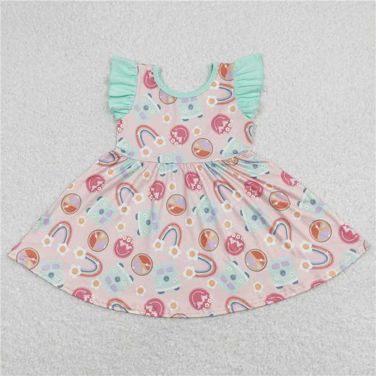 GSD0717  Flutter sleeves rainbow camping baby girls twirl dress