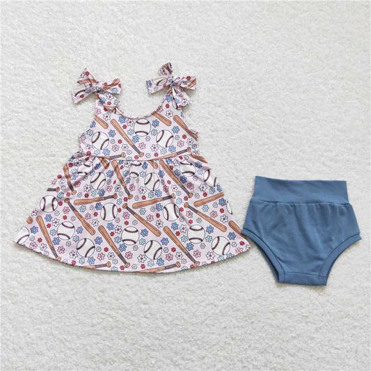 GBO0242 Baby Girls Baseball Flowers Tunic Top Bummies Clothes Sets