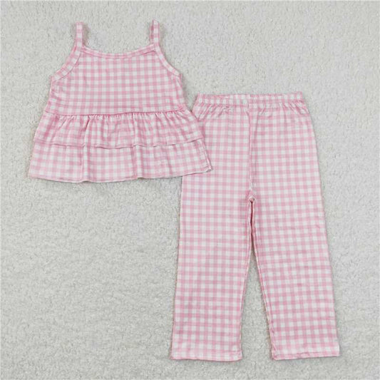 GSPO1380 Pink and white plaid lace suspender trousers set