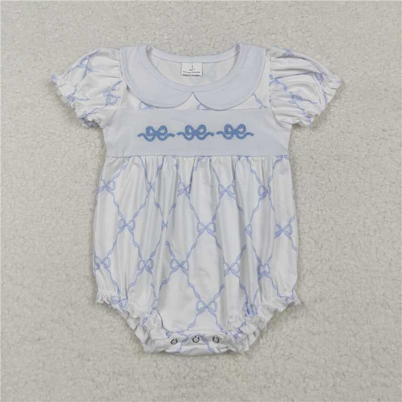 11.22 RTS NO MOQ （In stock）Matching SR1969 Baby Infant Girls Bows Blue Short Sleeve Rompers