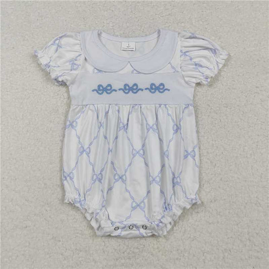 11.22 RTS NO MOQ （In stock）Matching SR1969 Baby Infant Girls Bows Blue Short Sleeve Rompers