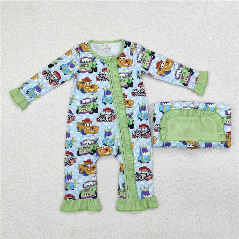 LR1623Green long sleeves toy cars baby girls zipper romper