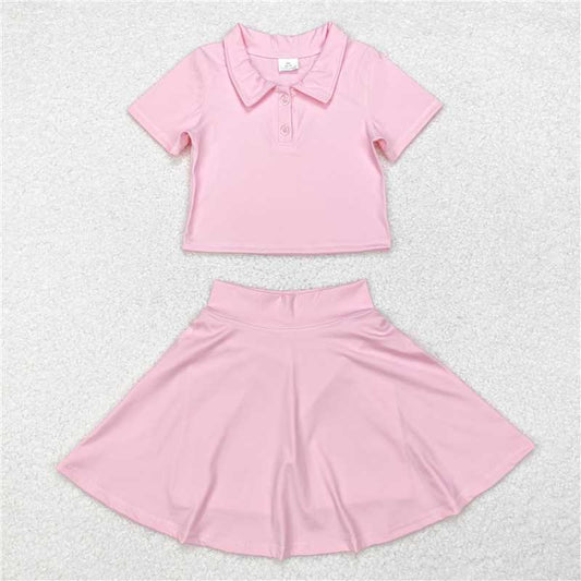 GSD1393  Baby Girls Pink Buttons Shirt Skirt Active Wear Clothes Sets