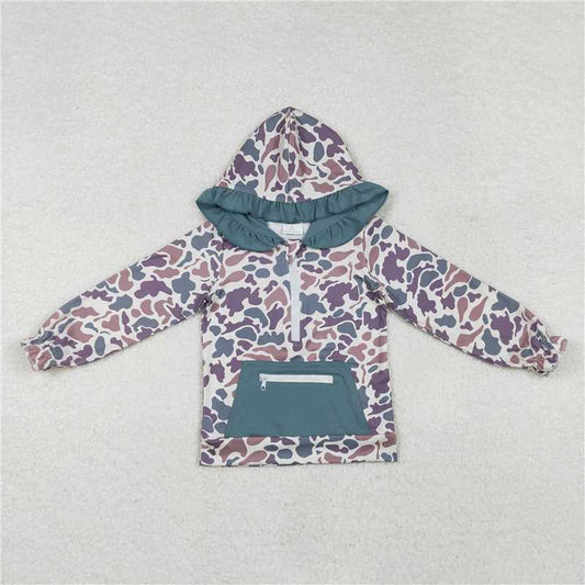 GT0629  Baby Girls Green Ruffle Camo Hunting Hooded Long Sleeve Zip Jackets Tops