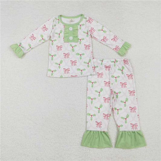 GLP1487Green long sleeves pink bow kids girls Christmas pajamas