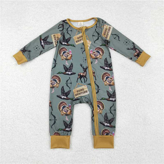 USA Shop (in stock) LR1680 Gone hunting modal deer duck turkey green zipper long sleeve jumpsuit