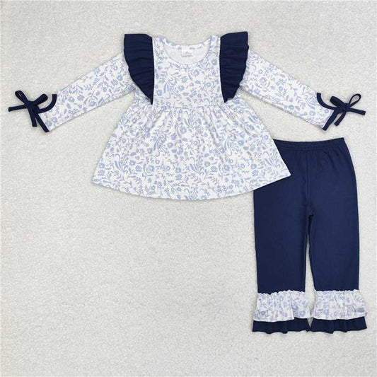 GLP1828Blue floral tunic navy ruffle pants girls clothing set