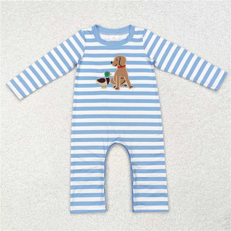 USA Shop (in stock) LR1644 Embroidered duck and puppy blue and white striped long-sleeved jumpsuit