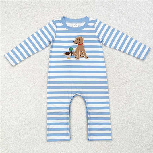 USA Shop (in stock) LR1644 Embroidered duck and puppy blue and white striped long-sleeved jumpsuit