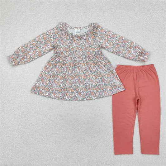 GLP1388Long sleeves floral tunic leggings girls clothing set