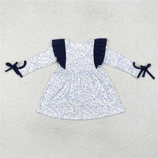 GLD0836  Baby Girls Blue Flowers Ruffle Knee Length Dresses