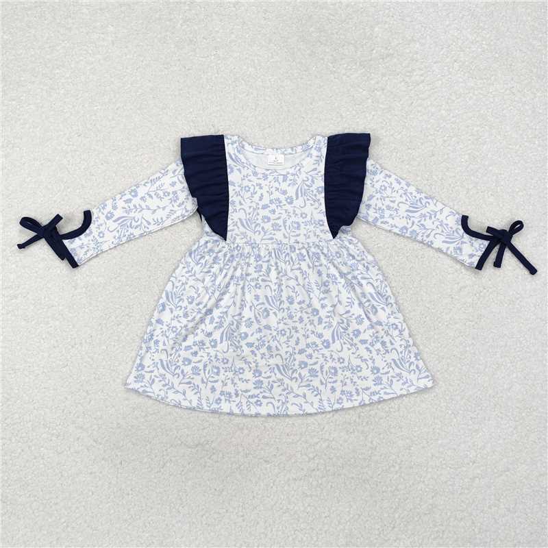 GLD0836  Baby Girls Blue Flowers Ruffle Knee Length Dresses