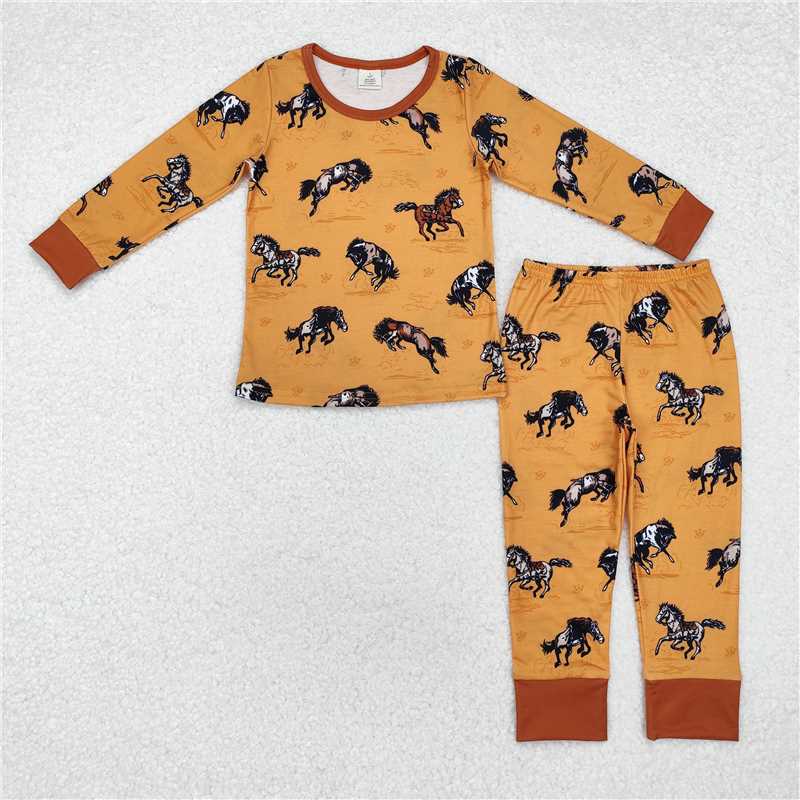 BLP0899Brown sleeves horse rodeo baby kids western pajamas
