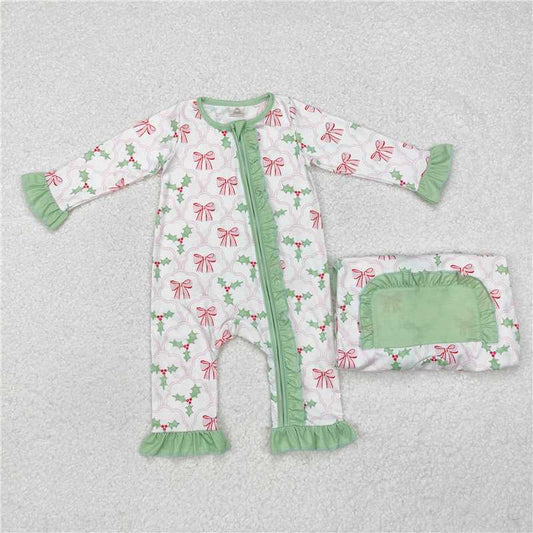 LR1344Ruffle Christmas berry pink bow baby girls zipper romper