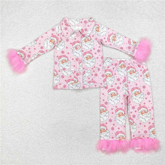 10.20 RTS NO MOQ （In stock） Matching Christmas GLP1900 Baby Girls Christmas Fancy Pink Santas Fur Shirt Pants Pajamas Clothes Sets