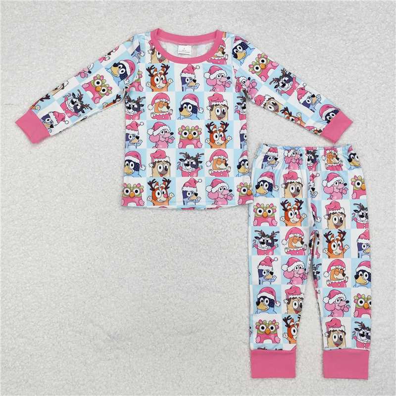 12.6 RTS NO MOQ （In stock）GLP1805 Baby Girls Christmas Dogs Pink Top Pants Pajamas Clothes Sets