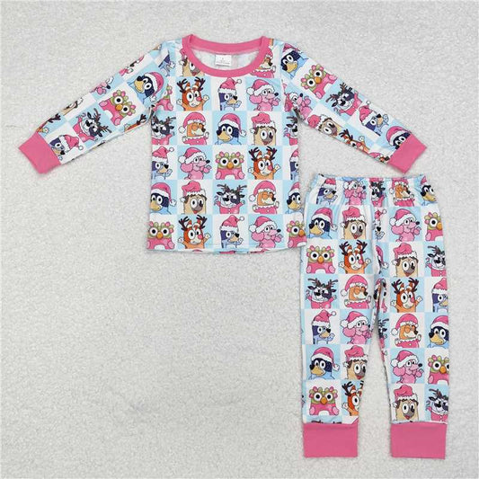 12.6 RTS NO MOQ （In stock）GLP1805 Baby Girls Christmas Dogs Pink Top Pants Pajamas Clothes Sets