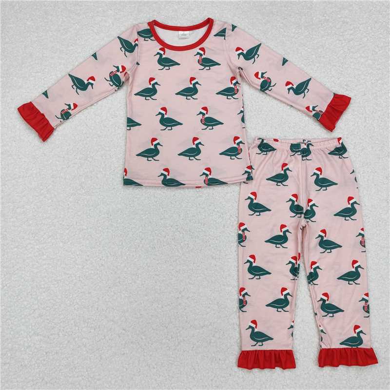 12.9 RTS NO MOQ （In stock）GLP1892 Baby Girls Christmas Ducks Bamboo Pajamas Clothes Sets