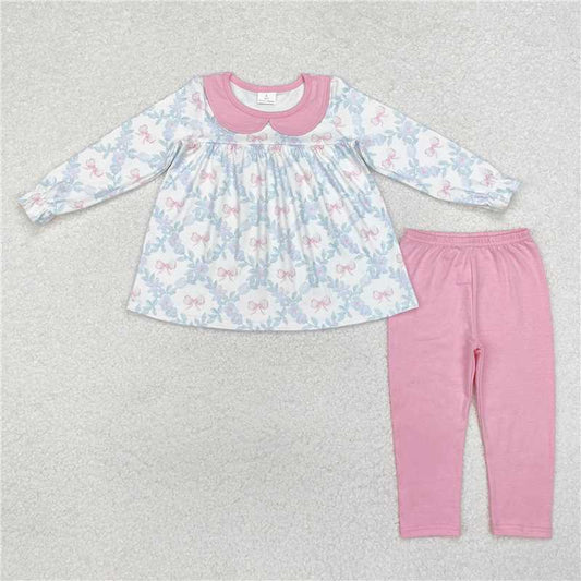 GLP1876Pink bow floral tunic leggings girls clothing set