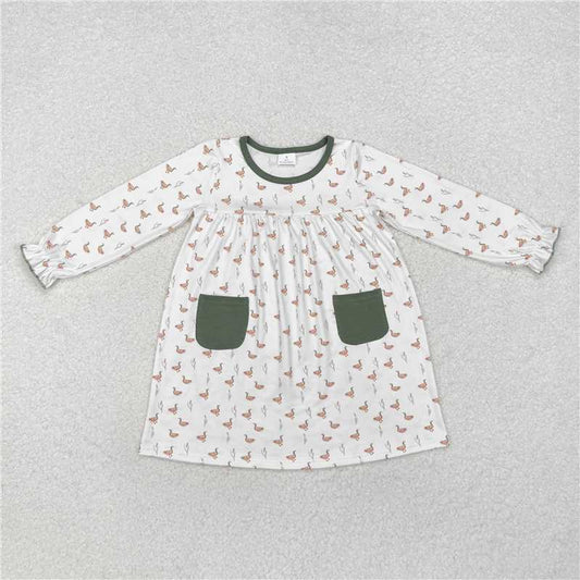 GLD0717  Baby Girls Fall Ducks Green Pockets Knee Length Dresses
