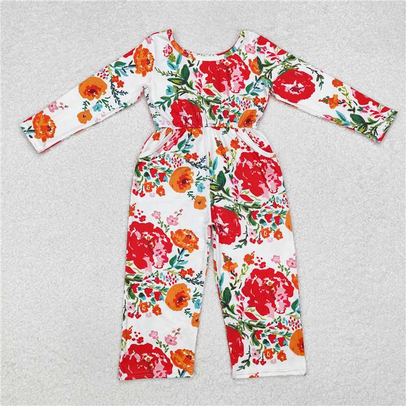 12.12 RTS NO MOQ （In stock）Matching LR1837 Baby Girls Orange Red Flowers Long Sleeve Fall Jumpsuits