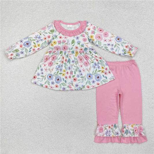 GLP1699Pink ruffle floral tunic ruffle pants girls clothing set