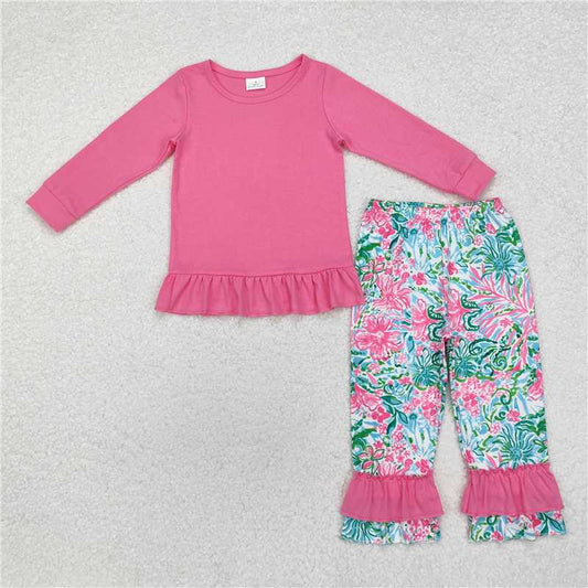 GLP1461Pink cotton top watercolor floral ruffle pants girls clothes
