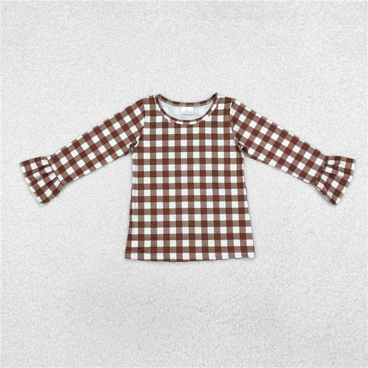 GT0738  Baby Girls Brown Checkered Long Sleeve Tee Shirts Tops