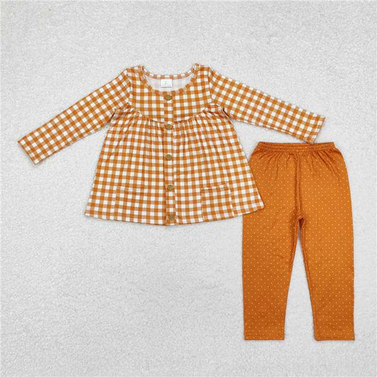 GLP1895Brown plaid pockets tunic leggings girls clothing