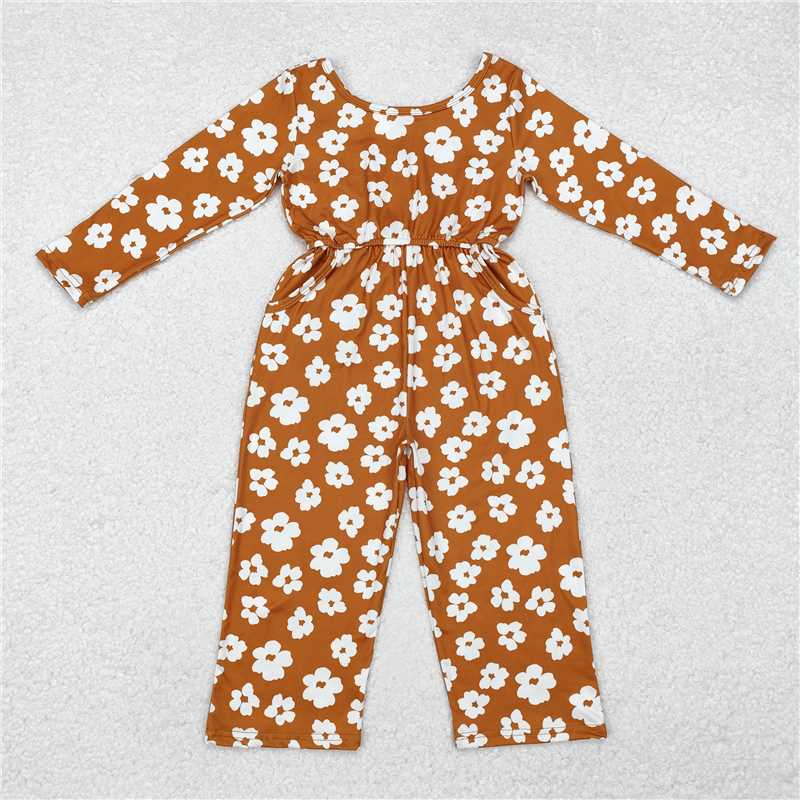 12.12 RTS NO MOQ （In stock）Matching LR1838 Baby Girls Brown Flowers Long Sleeve Fall Jumpsuits