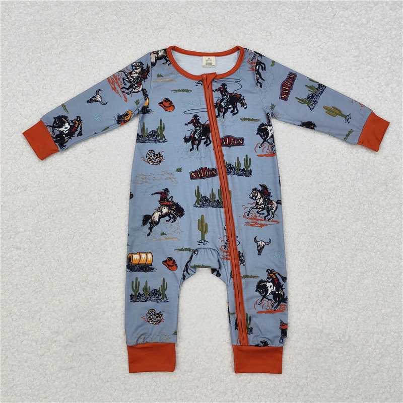 USA Warehouse (IN STOCK) LR1858 Brown sleeves cactus rodeo baby boy western zipper romper