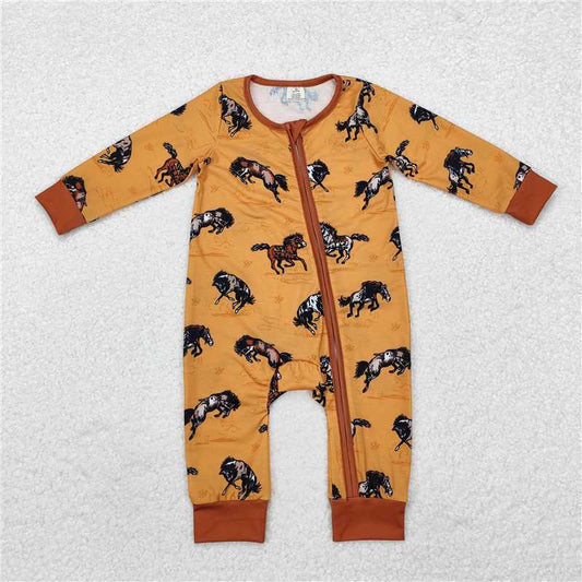 RTS LR1857 Modal Horse Yellow Brown Zipper Long Sleeve Bodysuit