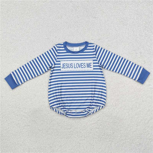 10.23 RTS NO MOQ （In stock） Matching LR1556 Baby Infant Boys Blue Stripes Jesus Loves Me Rompers