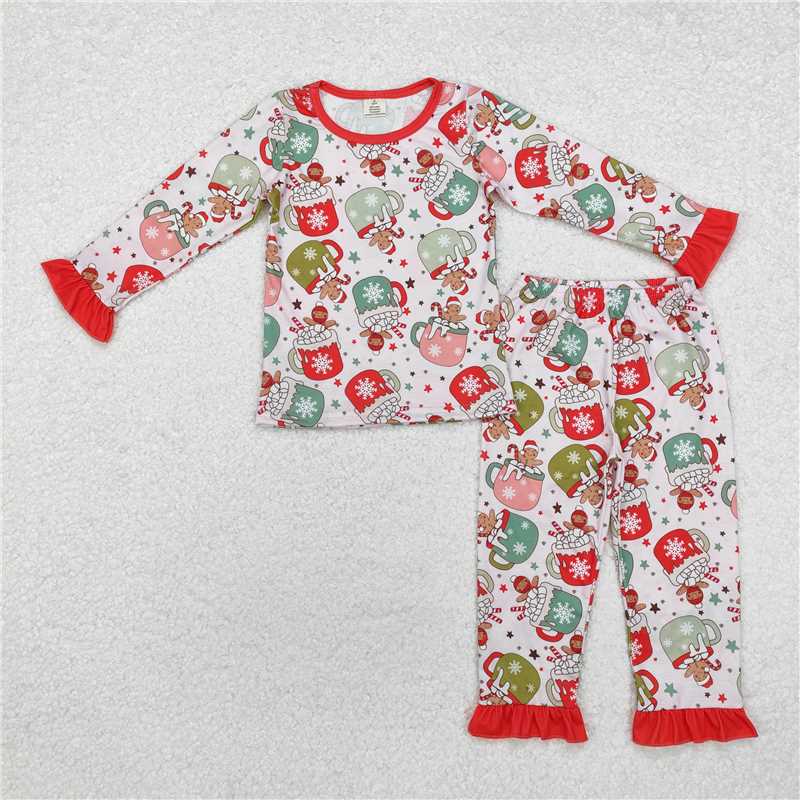 12.9 RTS NO MOQ （In stock）GLP1621 Baby Girls Christmas Cups Gingerbread Bamboo Pajamas Clothes Sets