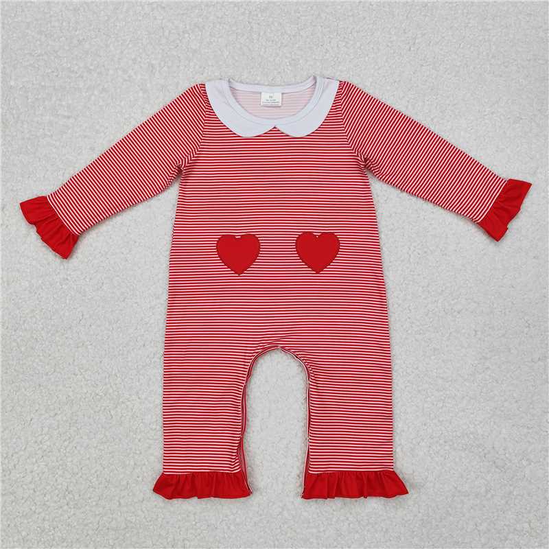 12.16 RTS NO MOQ （In stock）LR2113 Baby Infant Girls Valentines Red Stripes Hearts Rompers