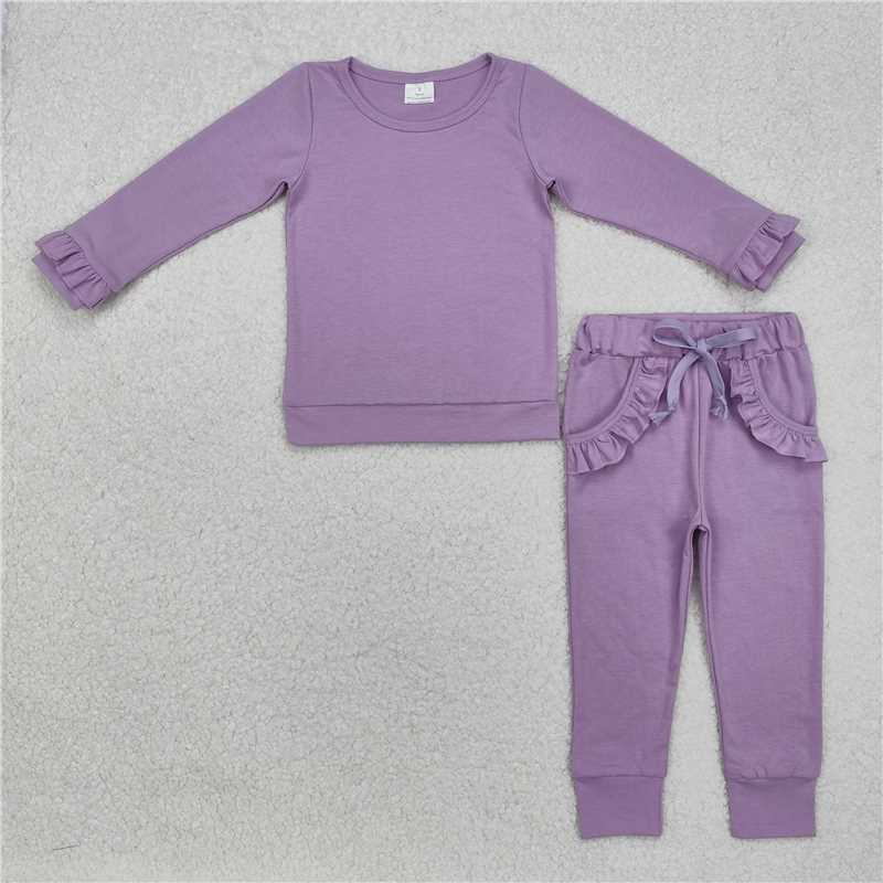 11.26 RTS NO MOQ （In stock）Matching GLP2260 Baby Girls Lavender Top Ruffle Pockets Pants Jogger Clothes Sets