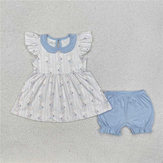 11.27 RTS NO MOQ （In stock）Matching GSSO1525 Baby Girls Easter Blue Rabbits Tunic Shorts Clothes Sets