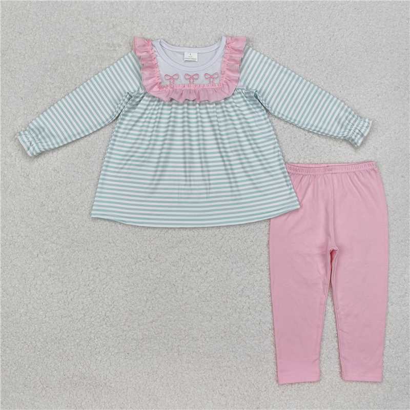 GLP2135Green stripe bow tunic pink leggings girls clothing set