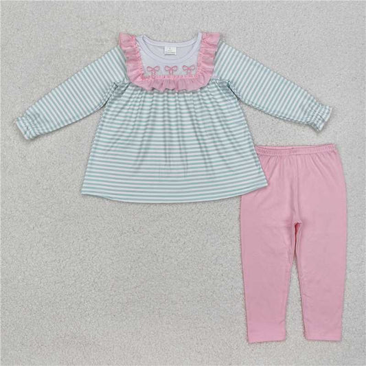 GLP2135Green stripe bow tunic pink leggings girls clothing set